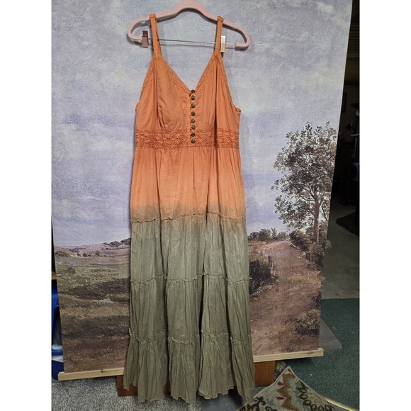 Ashley Stewart Dresses & Skirts - Ashley Stewart Boho Ombré Tiered Maxi Dress Orange Green Lace Details Plus Sz 18